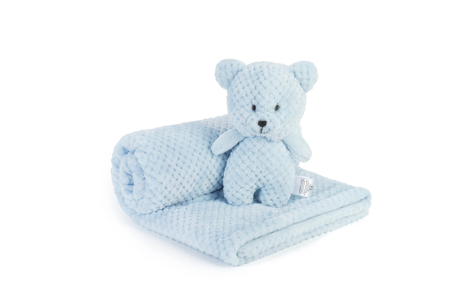 Blue teddy bear and blanket set on a white background
