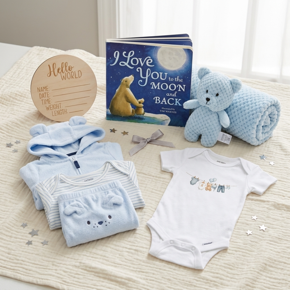 A baby gift set arranged on a cream blanket, including a light blue hooded onesie, matching pants, a white short-sleeve bodysuit with animal graphics, a blue knitted teddy bear, a blue textured blanket, a book titled 'I Love You in the Moon and Back', and a round wooden 'Hello World' card.