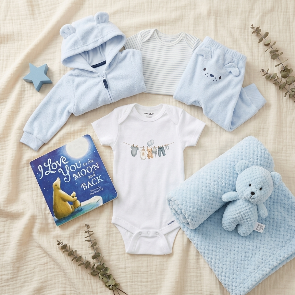 A baby clothing and accessory flat lay on a cream textured blanket, including a light blue hooded zip sweatshirt, a white long-sleeve top, matching light blue pants, a white bodysuit with a laundry-line graphic, a blue star-shaped toy, a blue knit teddy bear, a folded light blue blanket, and a children's book titled 'I Love You in Your Moon Back'.