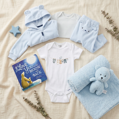 A baby clothing and accessory flat lay on a cream textured blanket, including a light blue hooded zip sweatshirt, a white long-sleeve top, matching light blue pants, a white bodysuit with a laundry-line graphic, a blue star-shaped toy, a blue knit teddy bear, a folded light blue blanket, and a children's book titled 'I Love You in Your Moon Back'.