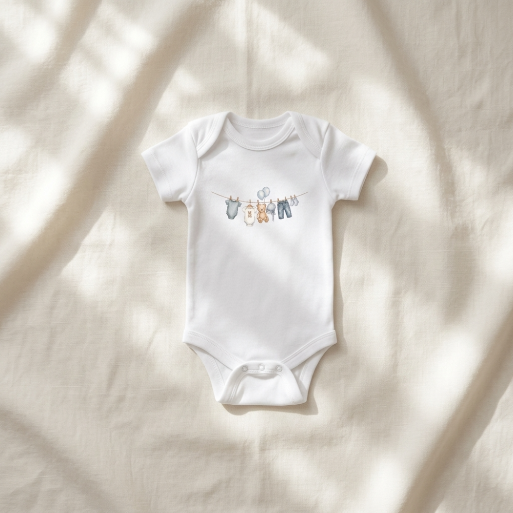 A white short-sleeve baby bodysuit with a cute cartoon laundry line graphic, laid flat on a textured cream fabric with soft leaf shadows.