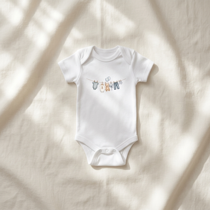A white short-sleeve baby bodysuit with a cute cartoon laundry line graphic, laid flat on a textured cream fabric with soft leaf shadows.