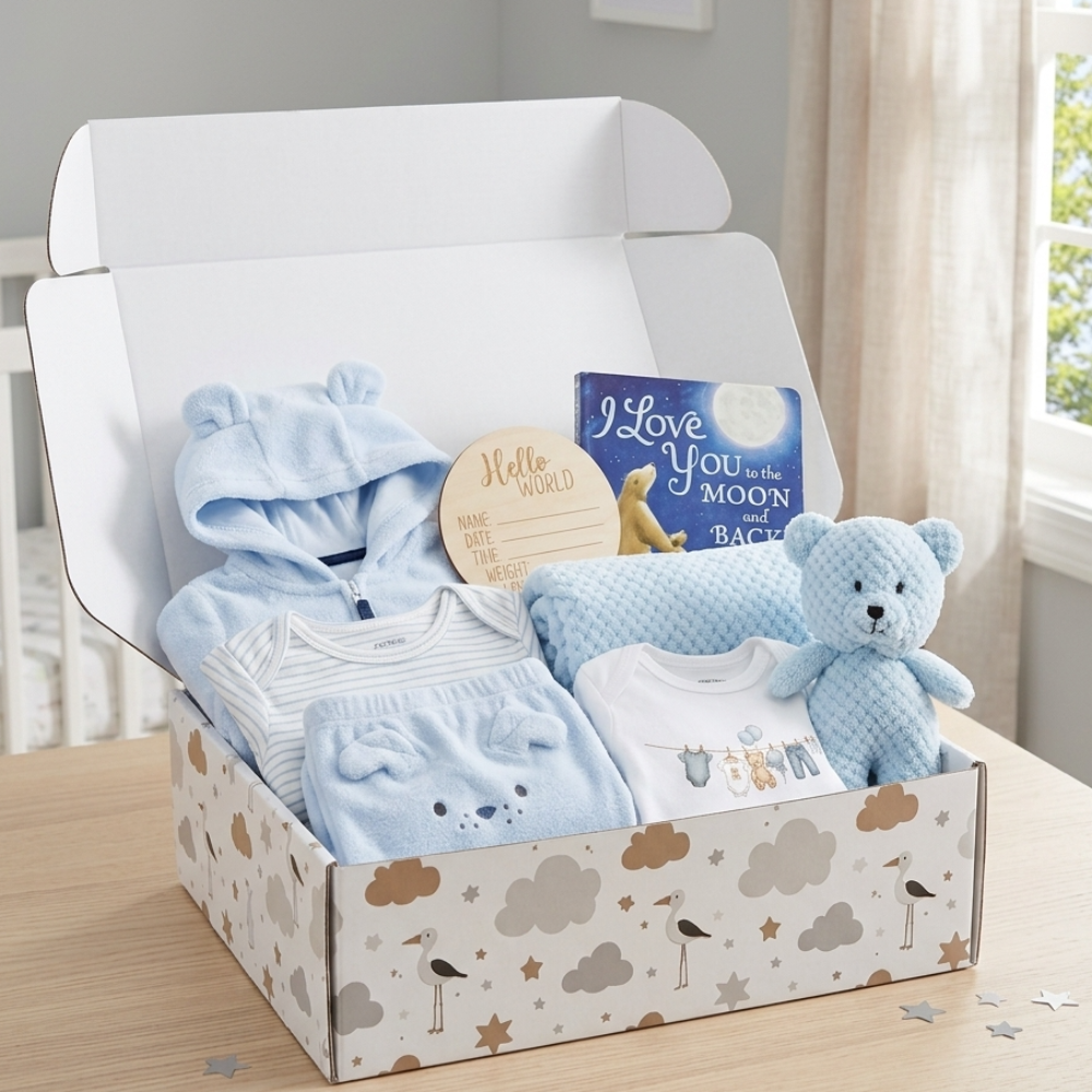 A baby gift box set displayed on a wooden table in a nursery setting. The open white box contains a light blue hooded baby outfit, a striped baby romper, a blue plush teddy bear, a book, and a small wooden card.