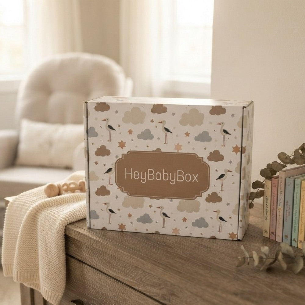 A square product box labeled 'HeyBabyBox' sits on a wooden table in a softly lit room. The box has a cream background with a pattern of clouds, birds, and stars in muted beige, brown, and gray tones.