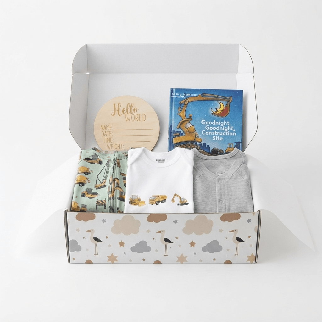 A baby gift box set on a white background, containing a white infant bodysuit with construction vehicle prints, a light gray long-sleeve top, a mint green patterned blanket, a round wooden 'Hello World' card, and a children's book titled 'Goodnight, Goodnight, Construction Site'.
