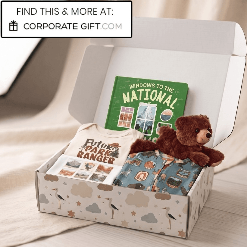 A curated gift box set displayed on a light wood surface with draped fabric in the background. The open white box contains a green book titled 'WINDOWS TO THE NATIONAL PARK', a card reading 'FUTURE PARK RANGER', a blue patterned fabric item, and a small brown plush bear.