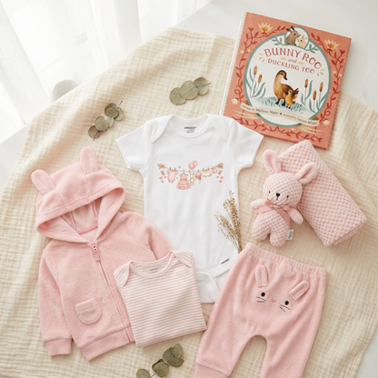 A baby clothing set arranged on a cream textured blanket, including a pink bunny-themed zip hoodie, a white bodysuit with bunny graphics, pink striped long-sleeve top, pink bunny-print pants, a pink plush bunny toy, a pink textured pillow, and a children's book titled 'Bunny Roo and Duckling Toe'.