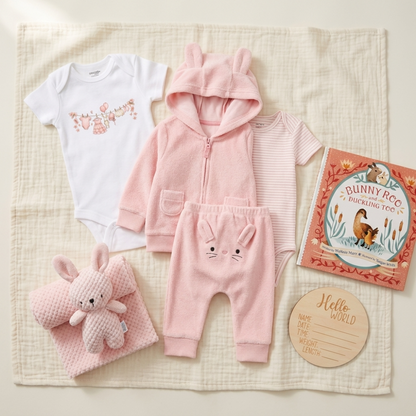 A baby clothing and gift set arranged on a cream muslin blanket, including a white bodysuit with bunny graphics, a pink bunny-themed zip hoodie, a pink striped long-sleeve top, pink bunny pants with a bunny face, a pink plush bunny toy, a 'Bunny Roo Ducking Zoo' book, and a round 'Hello World' card.