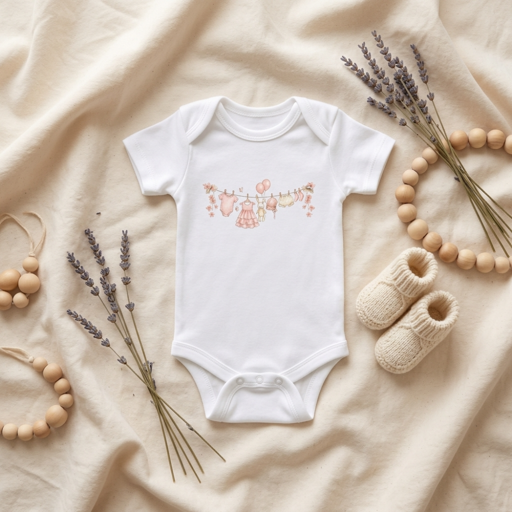 A white short-sleeve baby bodysuit with a delicate pink and peach bunny-and-floral print across the chest, styled in a flat lay on beige fabric with lavender sprigs, wooden bead garlands, and cream knit booties.