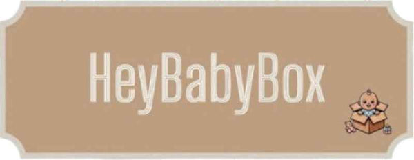 Logo of HeyBabyBox with a baby in a box on a beige background