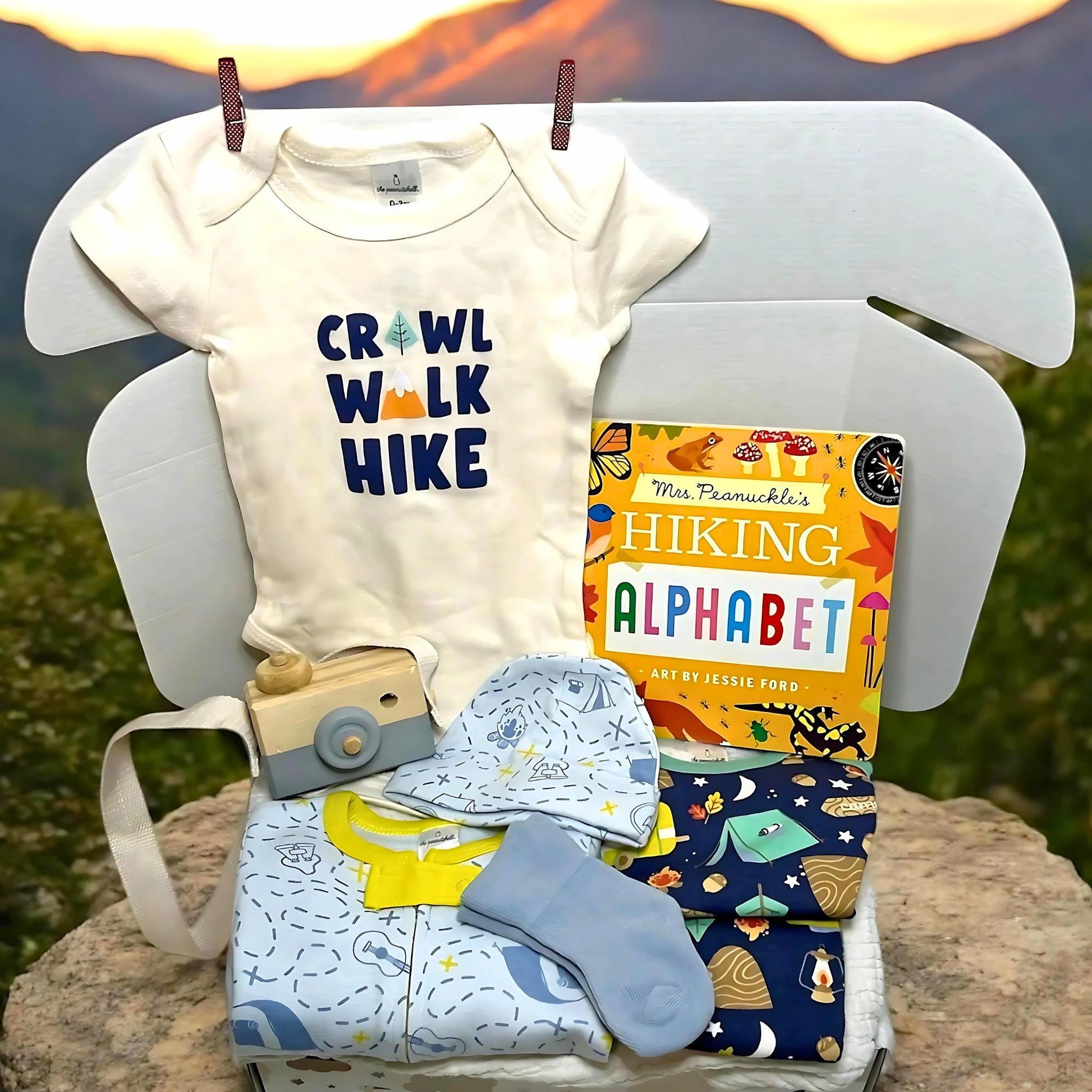 Hiking Theme Baby Gift box with Book, Trail Footie and Hiking Onesie | Adorable Camping Adventure Gift | Personalization Available - Hey Baby Box