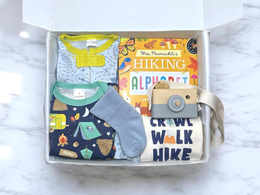 Hiking Theme Baby Gift box with Book, Trail Footie and Hiking Onesie | Adorable Camping Adventure Gift | Personalization Available - Hey Baby Box