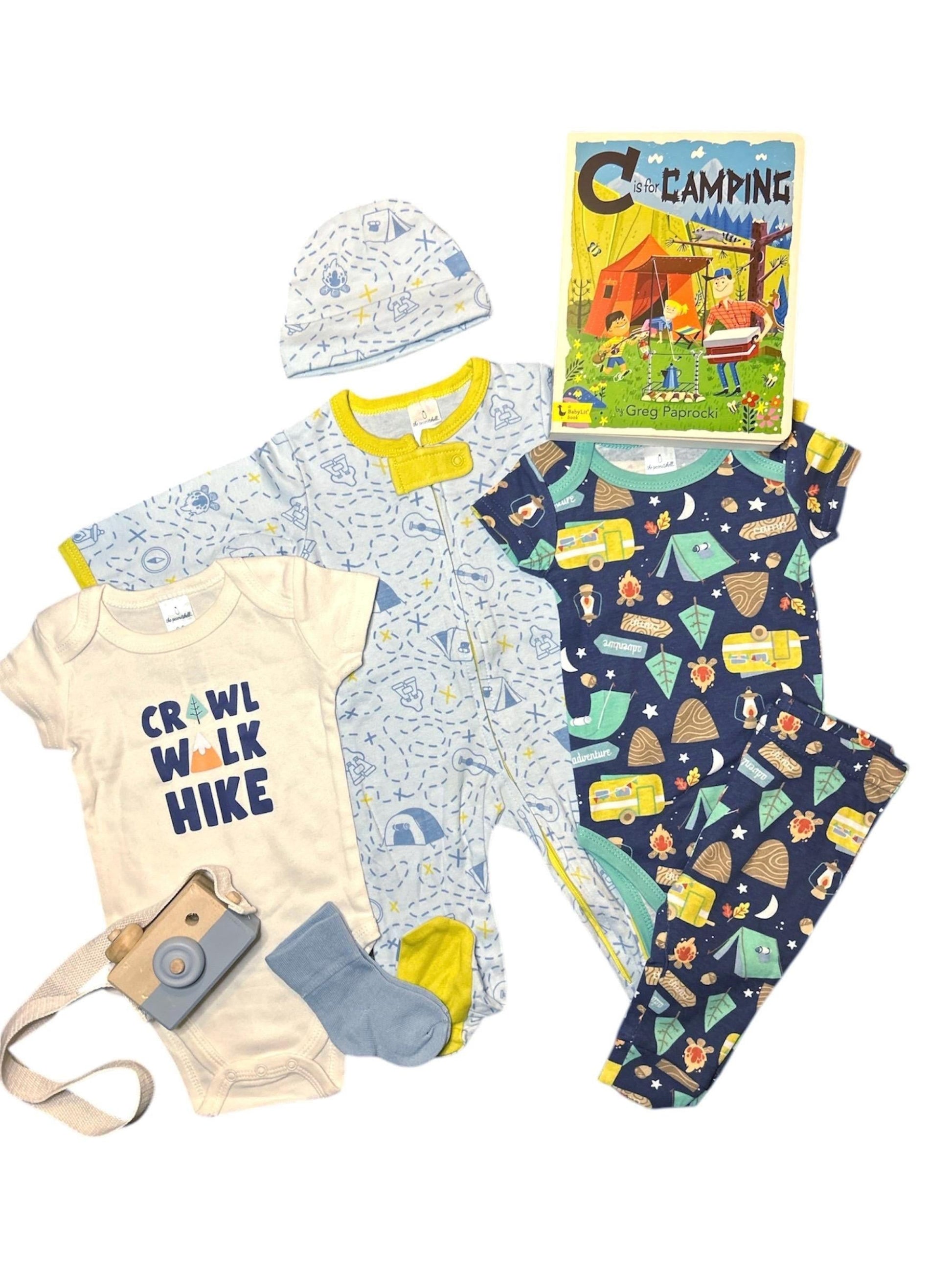 Hiking Theme Baby Gift box with Book, Trail Footie and Hiking Onesie | Adorable Camping Adventure Gift | Personalization Available - Hey Baby Box