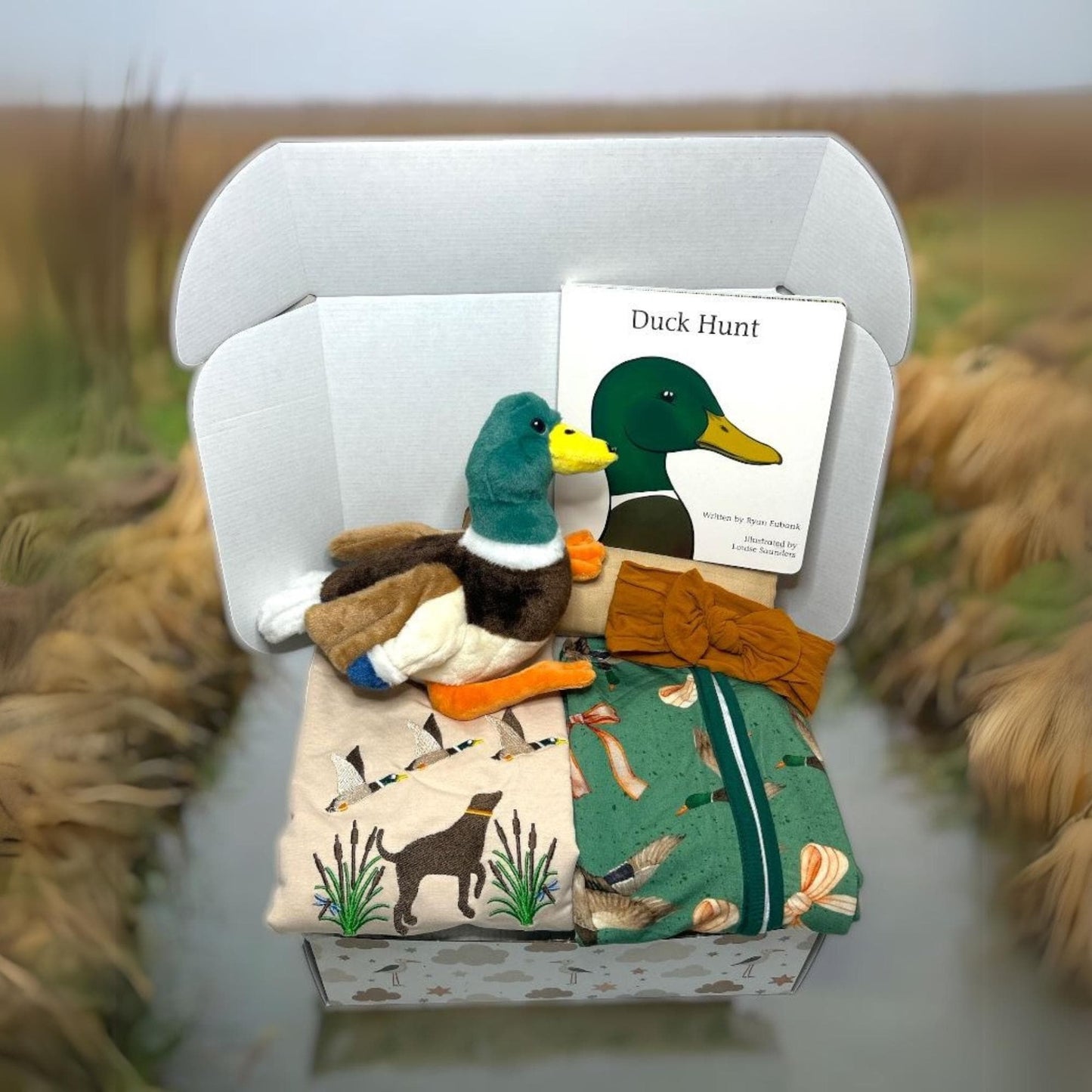 Hunting Baby Gift Set | Nature-Inspired Duck & Lab Clothing | Girl, Boy-Neutral Options + Plush Toy |  Personalization Available - Hey Baby Box