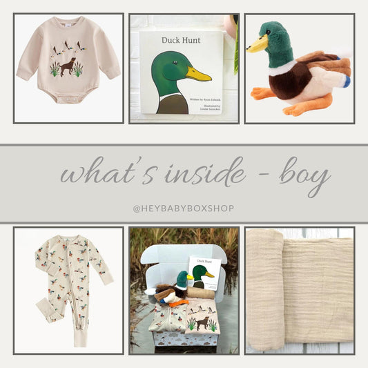 Hunting Baby Gift Set | Nature-Inspired Duck & Lab Clothing | Girl, Boy-Neutral Options + Plush Toy | Personalization Available - Hey Baby Box