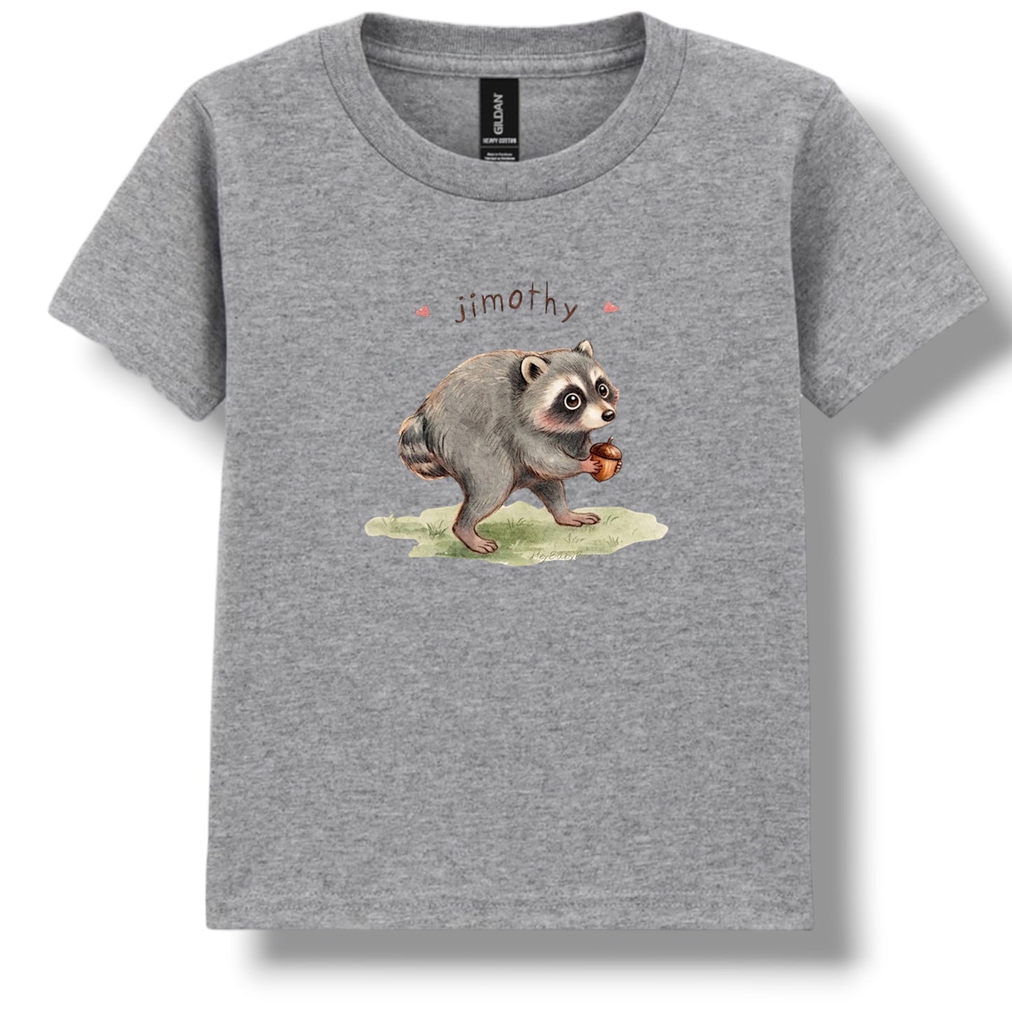 A heather gray short-sleeve crewneck t-shirt featuring a watercolor-style graphic of a raccoon holding an acorn with the name 'jimothy' printed above it, displayed on a clean white background.