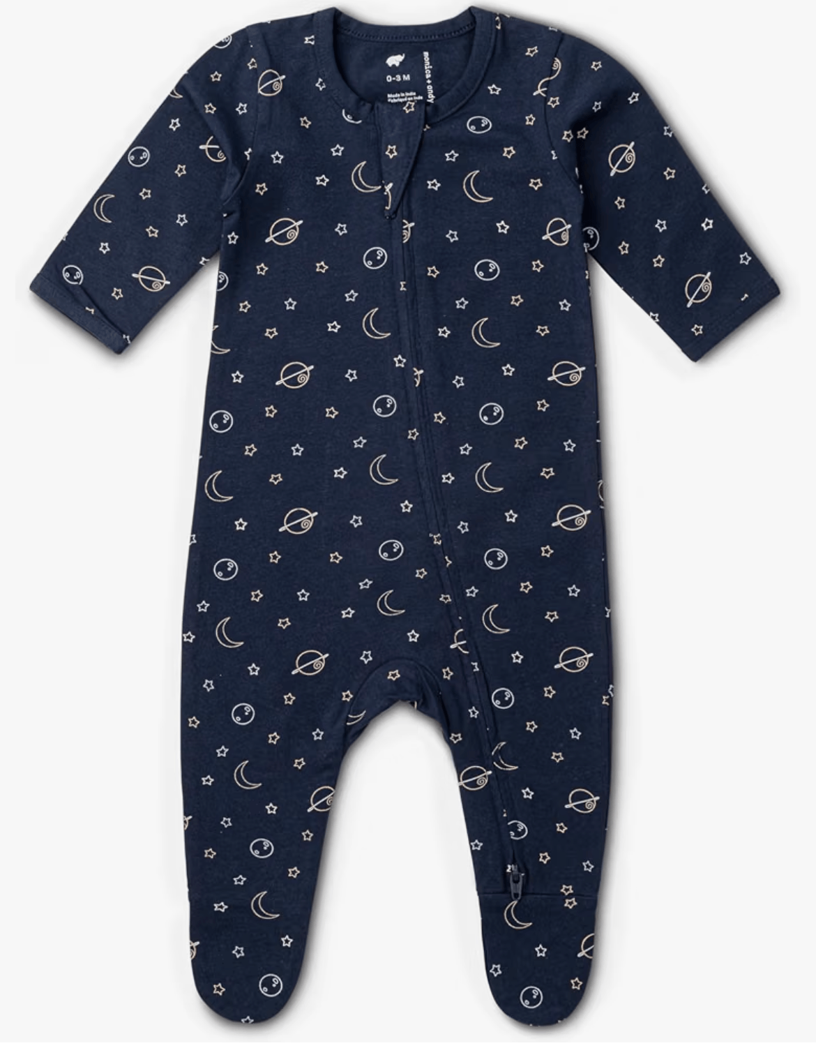 A baby long-sleeve footless one-piece jumpsuit in navy blue with a white celestial print of stars, moons, and planets, shown on a mobile phone shopping screen.