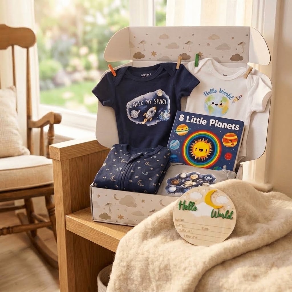 A baby gift box set displayed on a wooden chair in a cozy room. The set includes a navy blue short-sleeve onesie with a space graphic, a white short-sleeve bodysuit with a cartoon planet, a navy blue zippered sleeper with moon prints, a colorful '8 Little Planets' book, and a round wooden 'Hello World' gift tag.