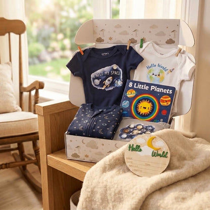 A baby gift box set displayed on a wooden chair in a cozy room. The set includes a navy blue short-sleeve onesie with a space graphic, a white short-sleeve bodysuit with a cartoon planet, a navy blue zippered sleeper with moon prints, a colorful '8 Little Planets' book, and a round wooden 'Hello World' gift tag.