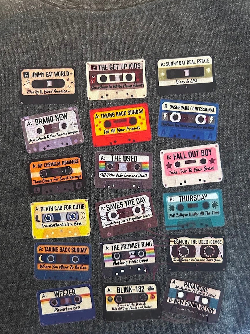 Collection of cassette tape designs on a gray background