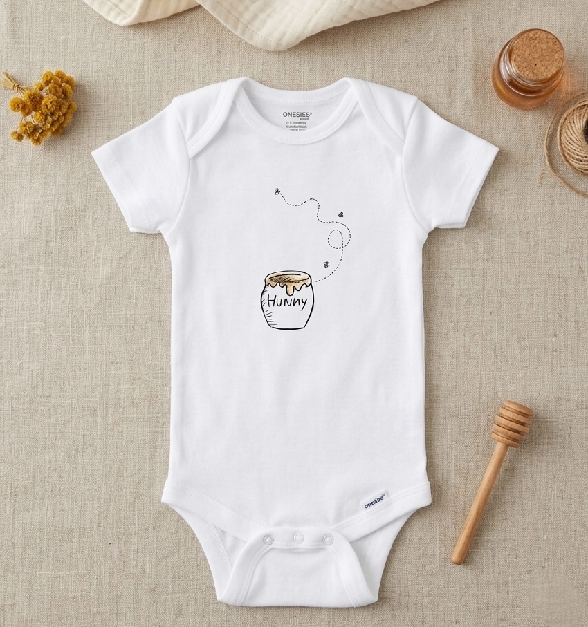 A white short-sleeve baby bodysuit laid flat on a beige linen surface, featuring a printed honey jar graphic with the word 'Honey' and a small bee. The bodysuit is styled with dried flowers, honey jars, and a wooden honey dipper.