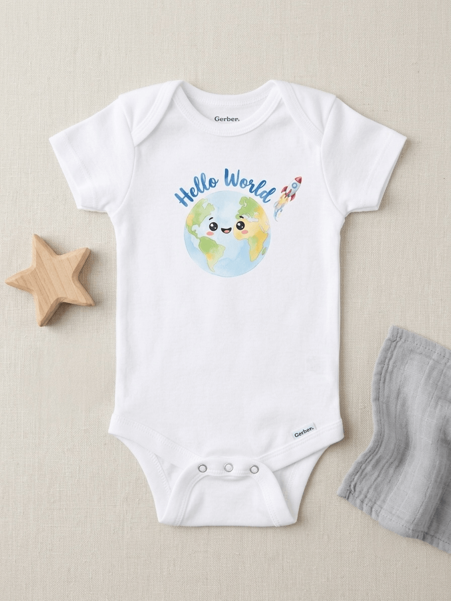 A white short-sleeve baby bodysuit laid flat on a light beige textured background, featuring a colorful 'Hello World' Earth graphic on the chest. A wooden star toy is on the left, and a folded gray cloth is on the right.