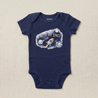 A navy blue short-sleeve baby bodysuit by Carter's, featuring a graphic print of a rocket ship, planets, and the text 'I NEED MY SPACE' on a textured beige background.