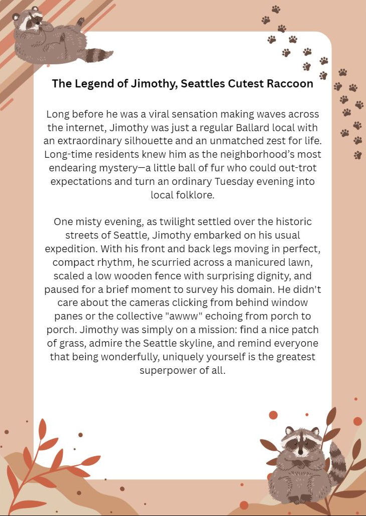 A square graphic with rounded corners featuring a white text panel titled 'The Legend of Jimmy, Seattle's Cutest Raccoon' surrounded by a decorative beige border with illustrated raccoons, leaves, and paw prints.