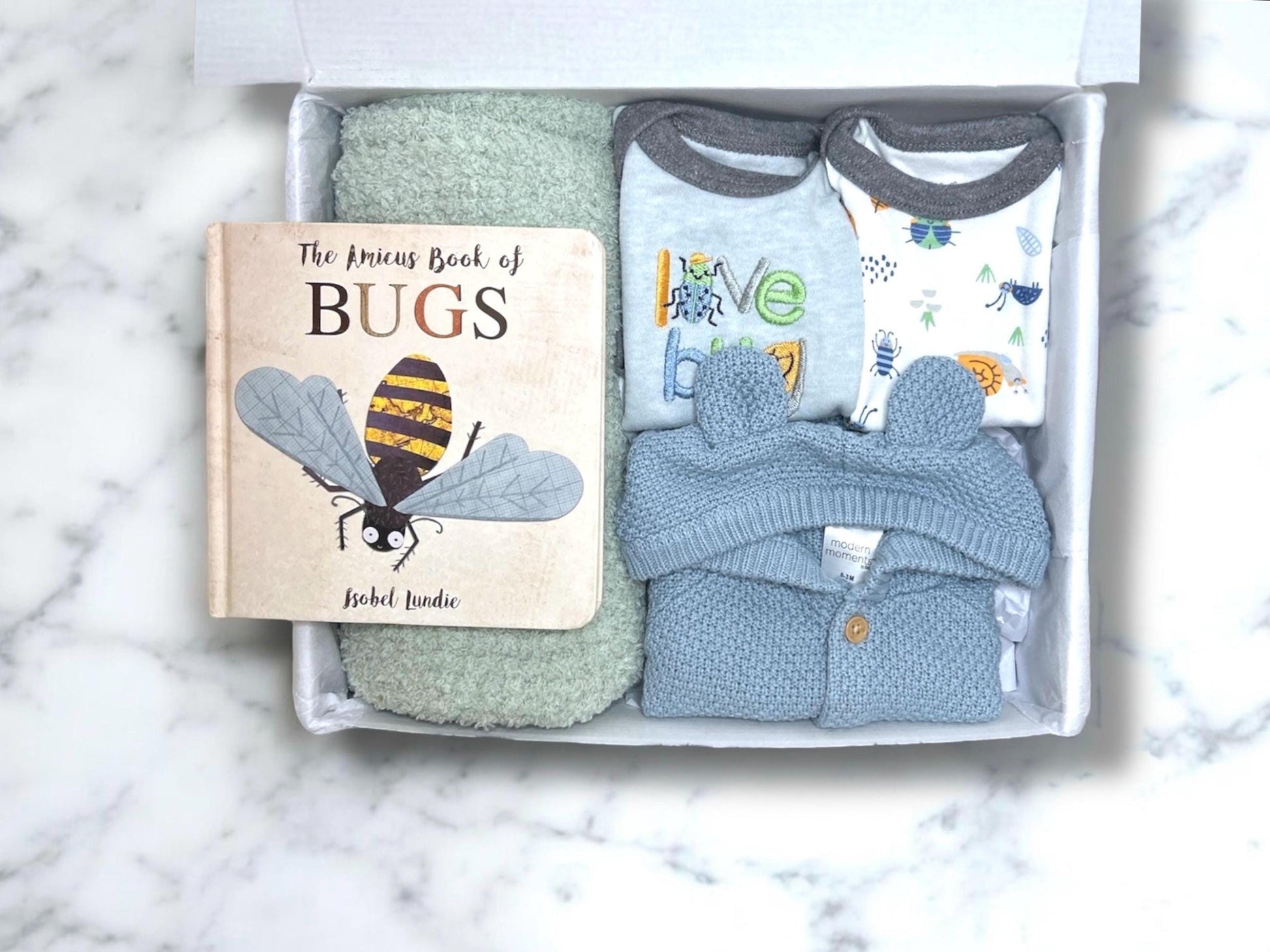 Bug-Themed Baby Boy Gift Box - Clothing, Book & Blanket for Boys - Perfect Baby Shower Present! Personalization Available - Hey Baby Box