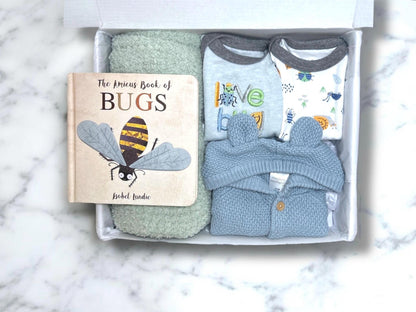 Bug-Themed Baby Boy Gift Box - Clothing, Book & Blanket for Boys - Perfect Baby Shower Present! Personalization Available - Hey Baby Box