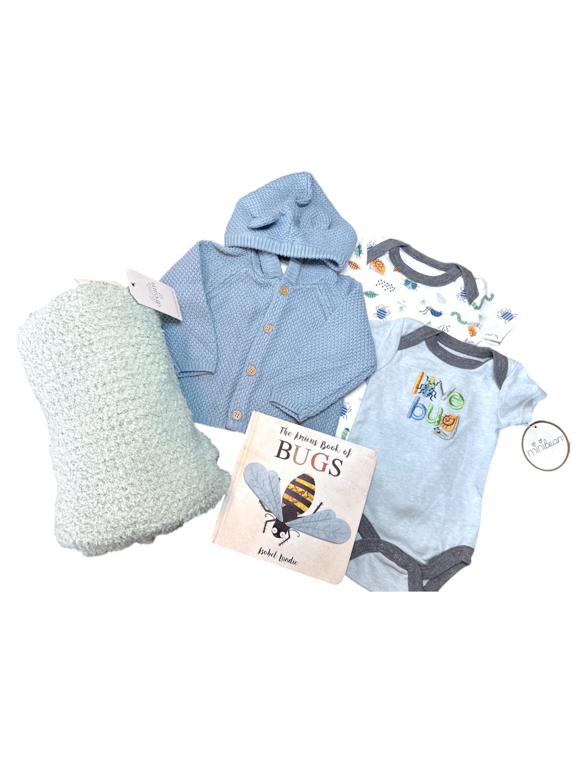 Bug-Themed Baby Boy Gift Box - Clothing, Book & Blanket for Boys - Perfect Baby Shower Present! Personalization Available - Hey Baby Box