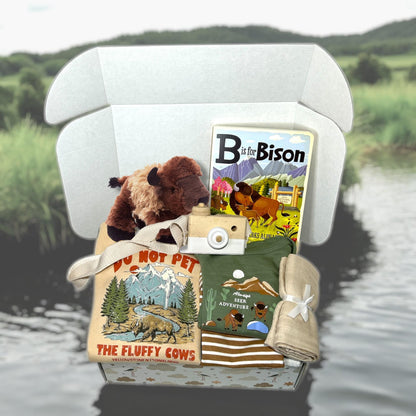 National Parks Baby Gift Set | Wilderness Onesie "Do Not Pet The Fluffy Cows" | Outdoor Baby Shower Gift | Nature Camping Hiking Bison Theme - Hey Baby Box