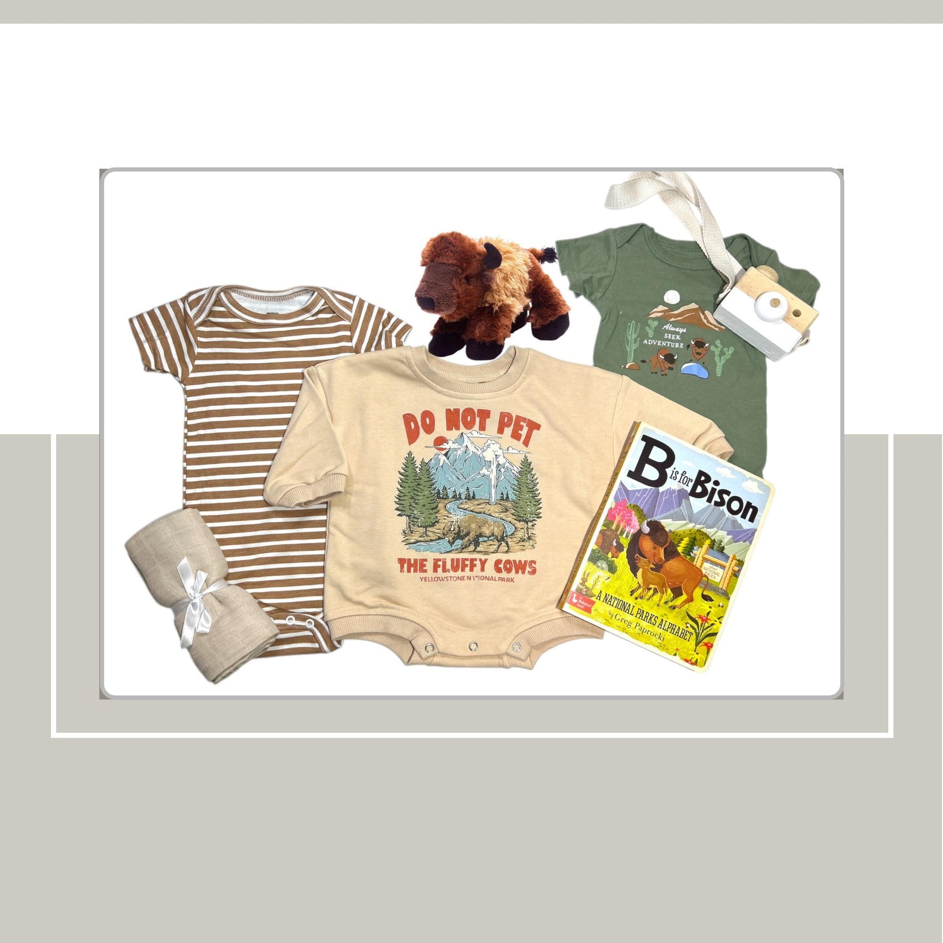 National Parks Baby Gift Set | Wilderness Onesie "Do Not Pet The Fluffy Cows" | Outdoor Baby Shower Gift | Nature Camping Hiking Bison Theme - Hey Baby Box