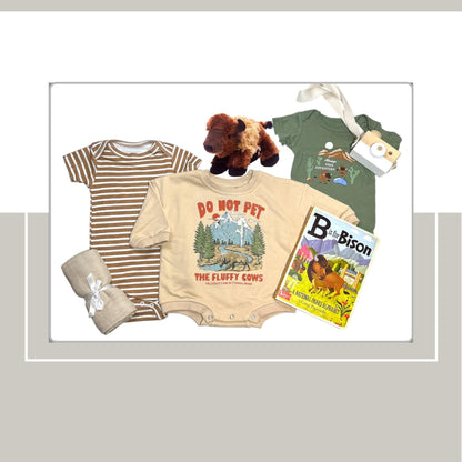 National Parks Baby Gift Set | Wilderness Onesie "Do Not Pet The Fluffy Cows" | Outdoor Baby Shower Gift | Nature Camping Hiking Bison Theme - Hey Baby Box