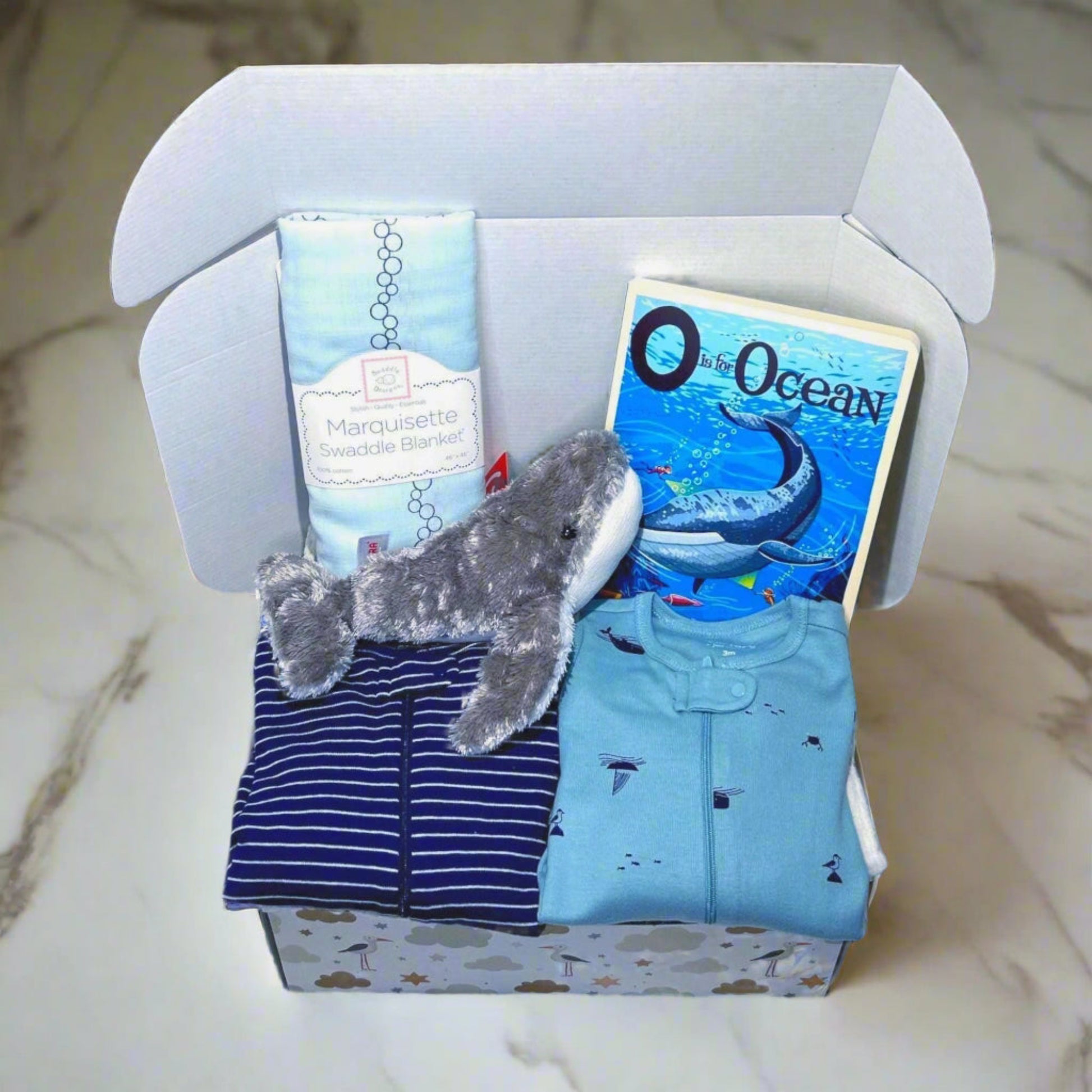 Ocean Animals Whale Baby Gift Box - Footies - 'O is for Ocean' Book & Plush Whale | Baby Shower Gift Seaside - Beach Baby Nature Lover - Hey Baby Box
