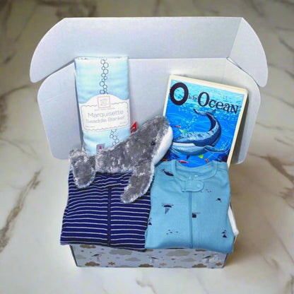 Ocean Animals Whale Baby Gift Box - Footies - 'O is for Ocean' Book & Plush Whale | Baby Shower Gift Seaside - Beach Baby Nature Lover - Hey Baby Box