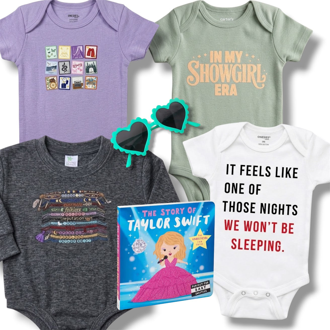 Collection of baby onesies with various designs and a book titled 'The Story of Taylor Swift' on a white background.
