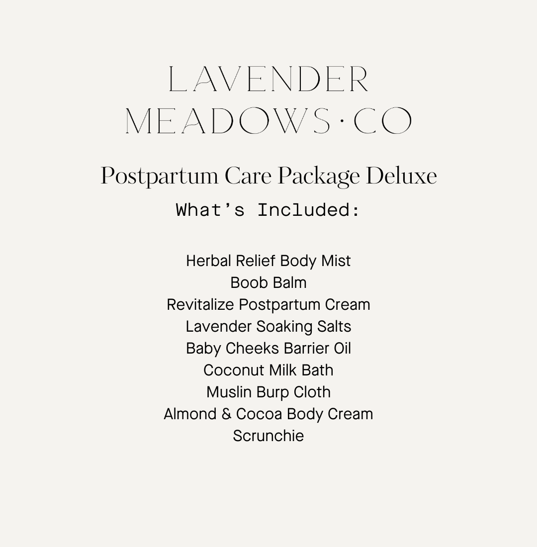 Lavender Meadows Co postpartum care package list on a white background