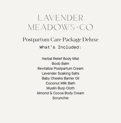 Lavender Meadows Co postpartum care package list on a white background