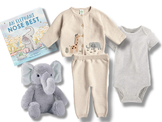 Safari Dreams Elephant Baby Gift Box | Newborn Essentials & Book Set - Hey Baby Box