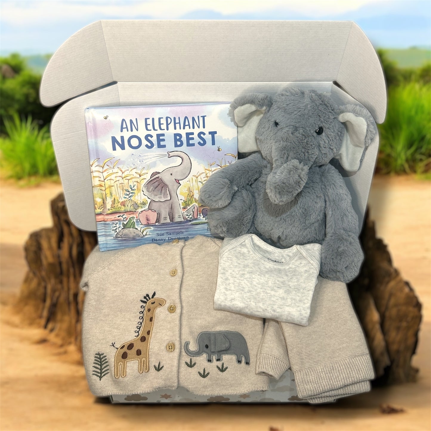 Safari Dreams Elephant Baby Gift Box | Newborn Essentials & Book Set - Hey Baby Box