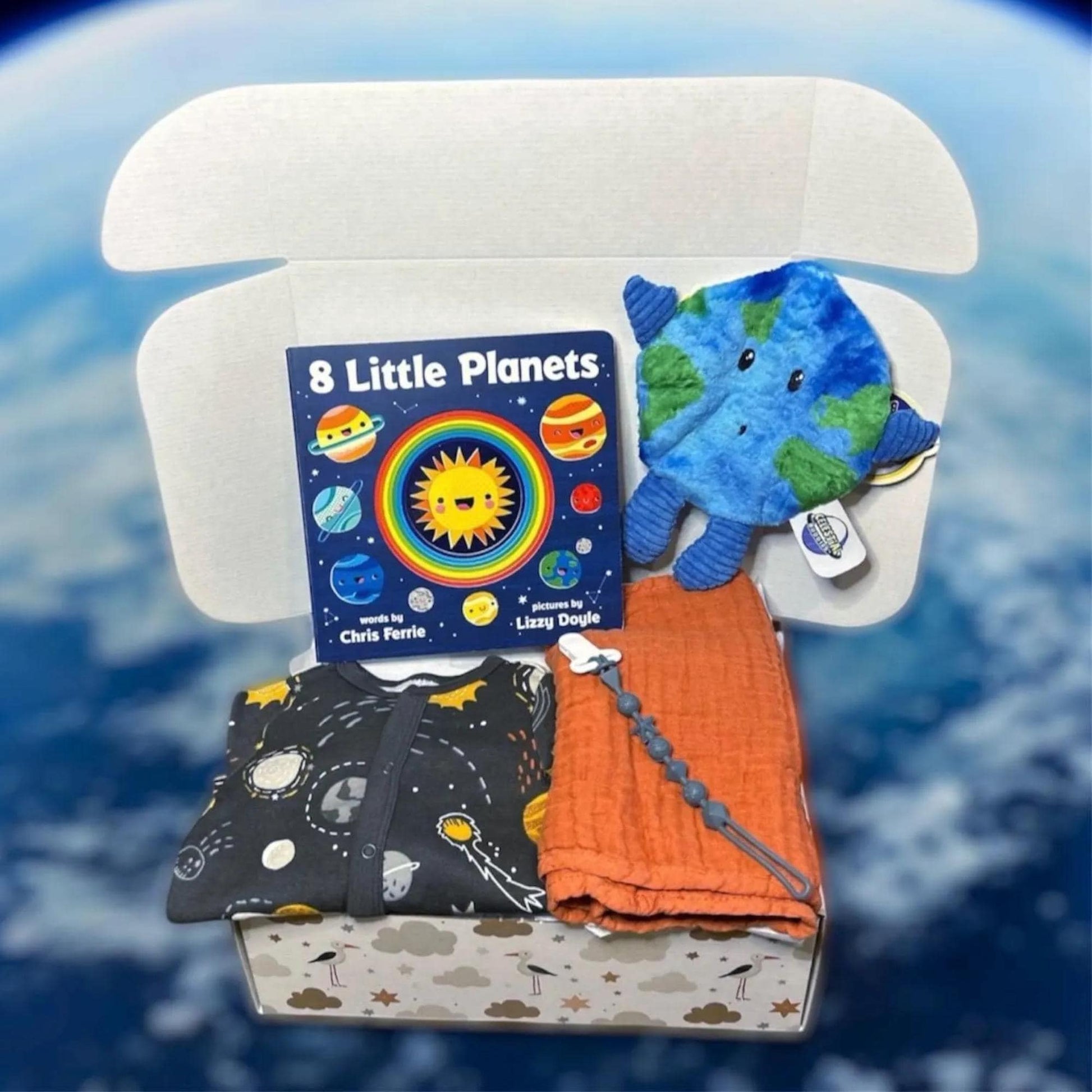 Space Baby Gift Box - Solar System Set - Planets Stars Astronaut Nursery Gift - Galaxy Themed Welcome to Earth Unisex Baby Shower - Hey Baby Box
