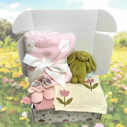 Spring Jellycat Bunny Baby Gift Box | Organic Cotton Baby Tulip Clothes Set | Personalized Baby Shower Present | Welcome Baby Gift - Hey Baby Box