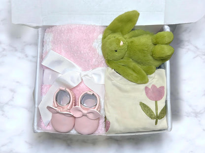 Spring Jellycat Bunny Baby Gift Box | Organic Cotton Baby Tulip Clothes Set | Personalized Baby Shower Present | Welcome Baby Gift - Hey Baby Box