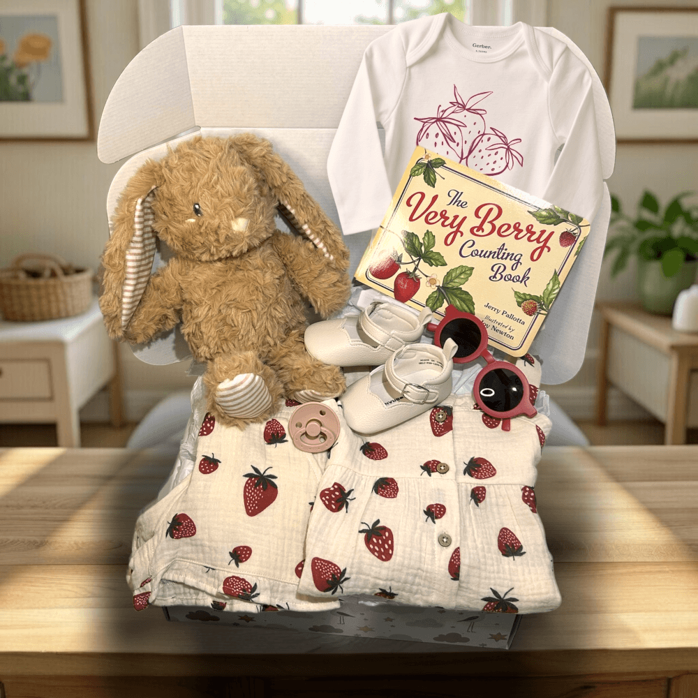 Baby gift set with plush toy, baby clothes, and book on a table.