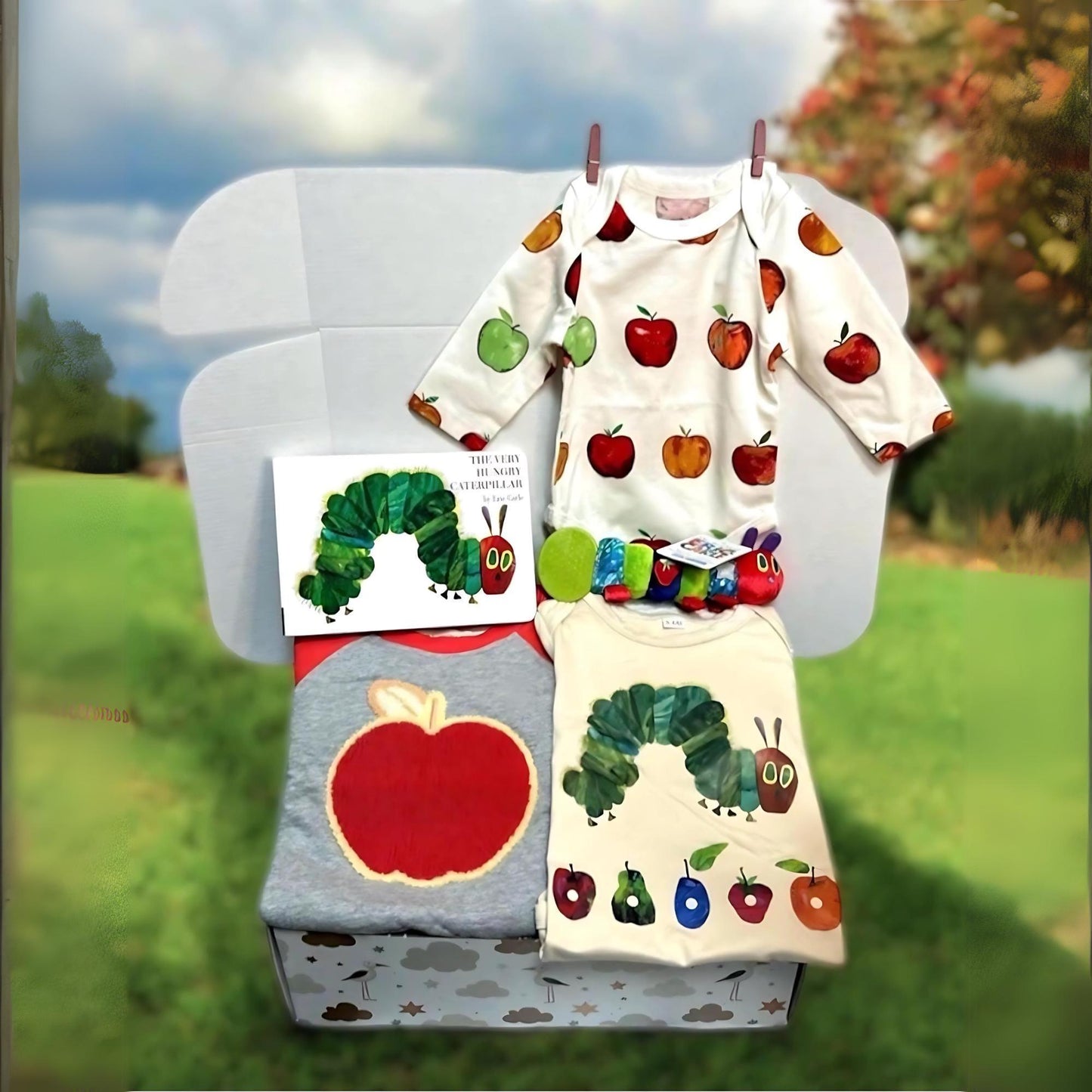 Very Hungry Caterpillar Book Baby Gift Box | Personalized Newborn Gift Box with Apple Theme | Unisex Baby Shower Present | Organic Baby - Hey Baby Box