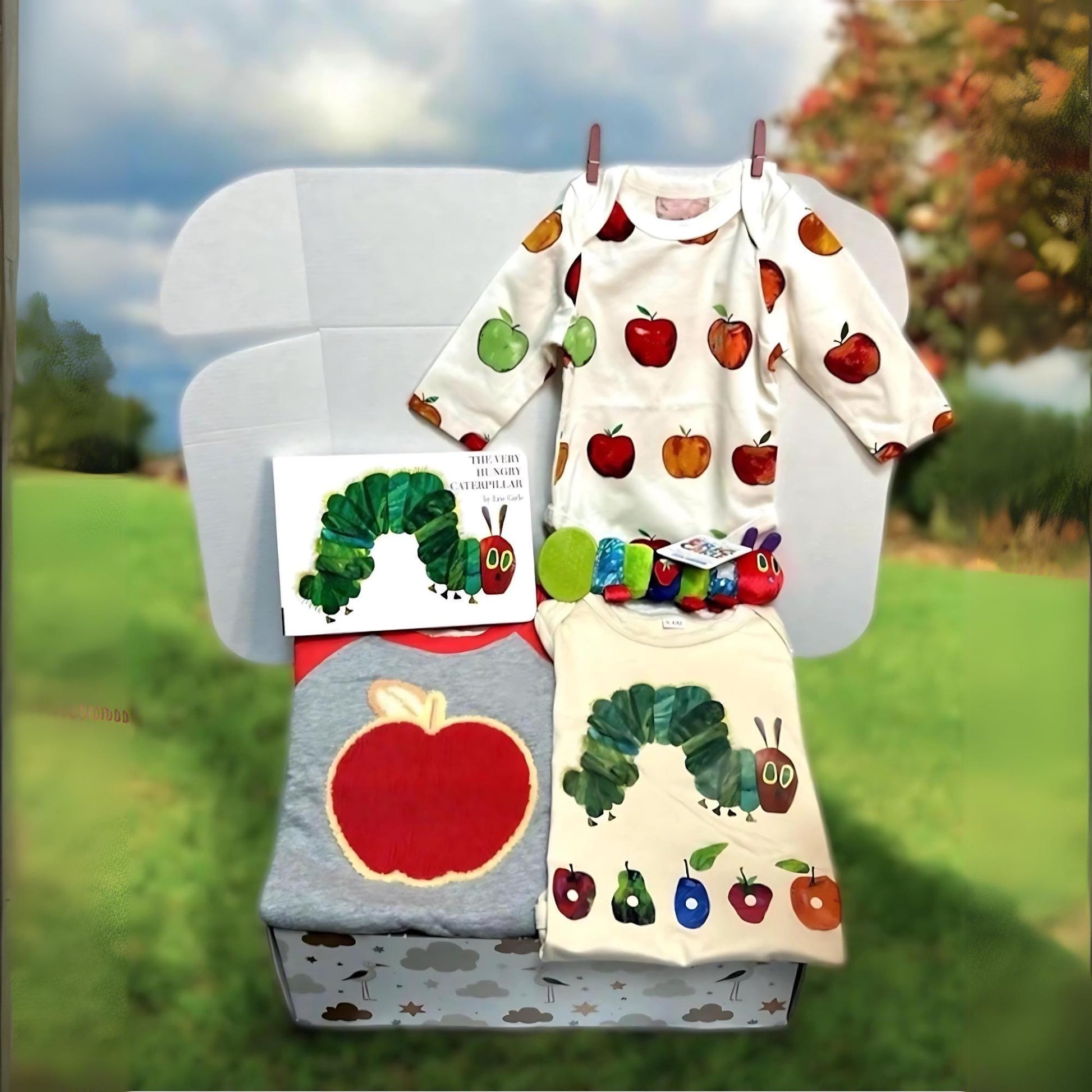 Very Hungry Caterpillar Book Baby Gift Box | Personalized Newborn Gift Box with Apple Theme | Unisex Baby Shower Present | Organic Baby - Hey Baby Box