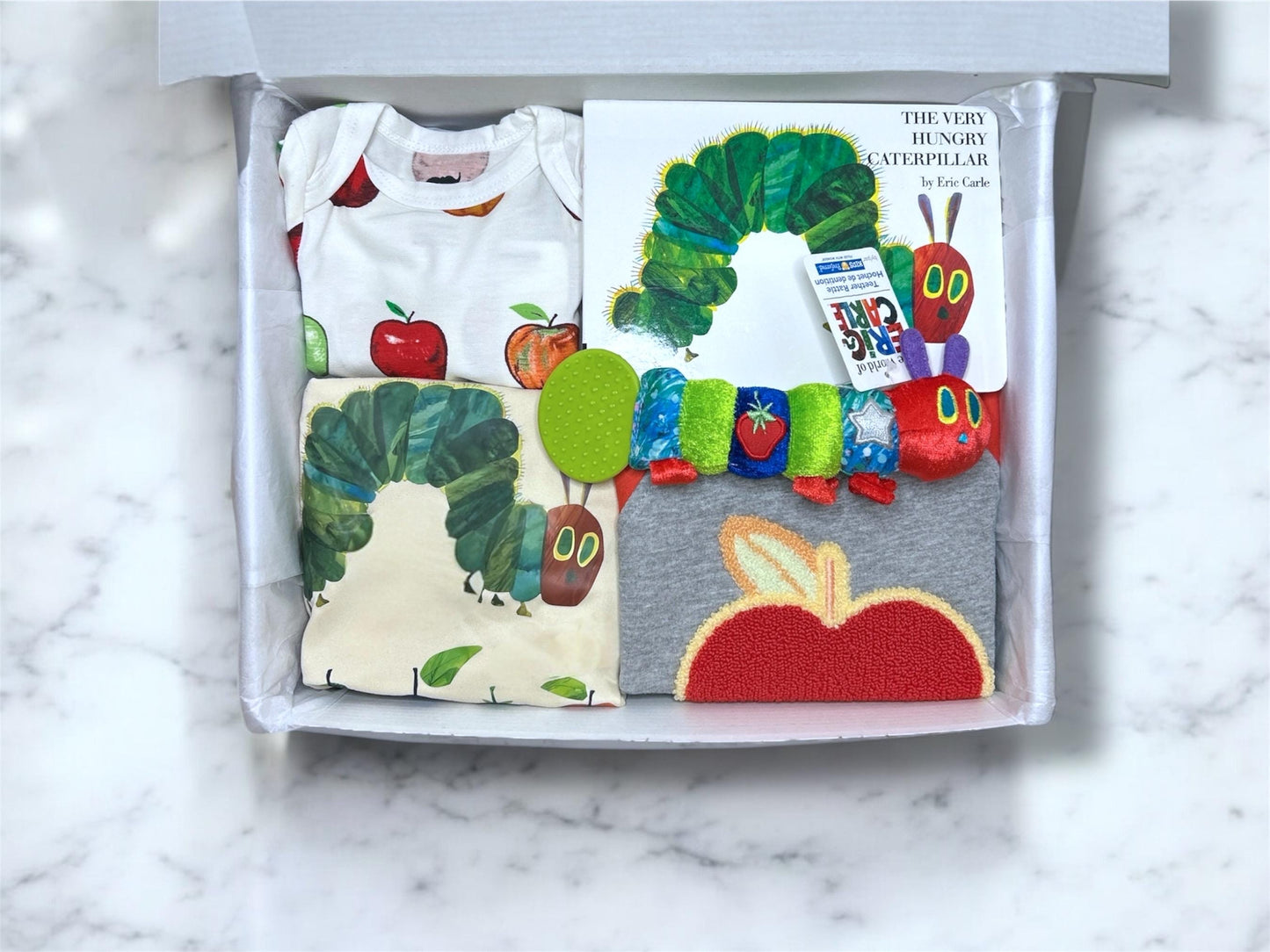Very Hungry Caterpillar Book Baby Gift Box | Personalized Newborn Gift Box with Apple Theme | Unisex Baby Shower Present | Organic Baby - Hey Baby Box