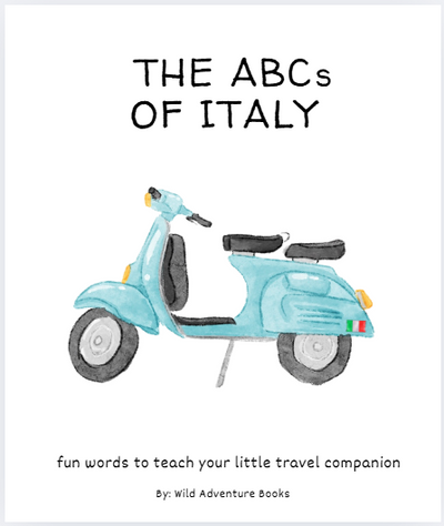 Book cover of 'The ABCs of Italy' with a scooter illustration on a white background.
