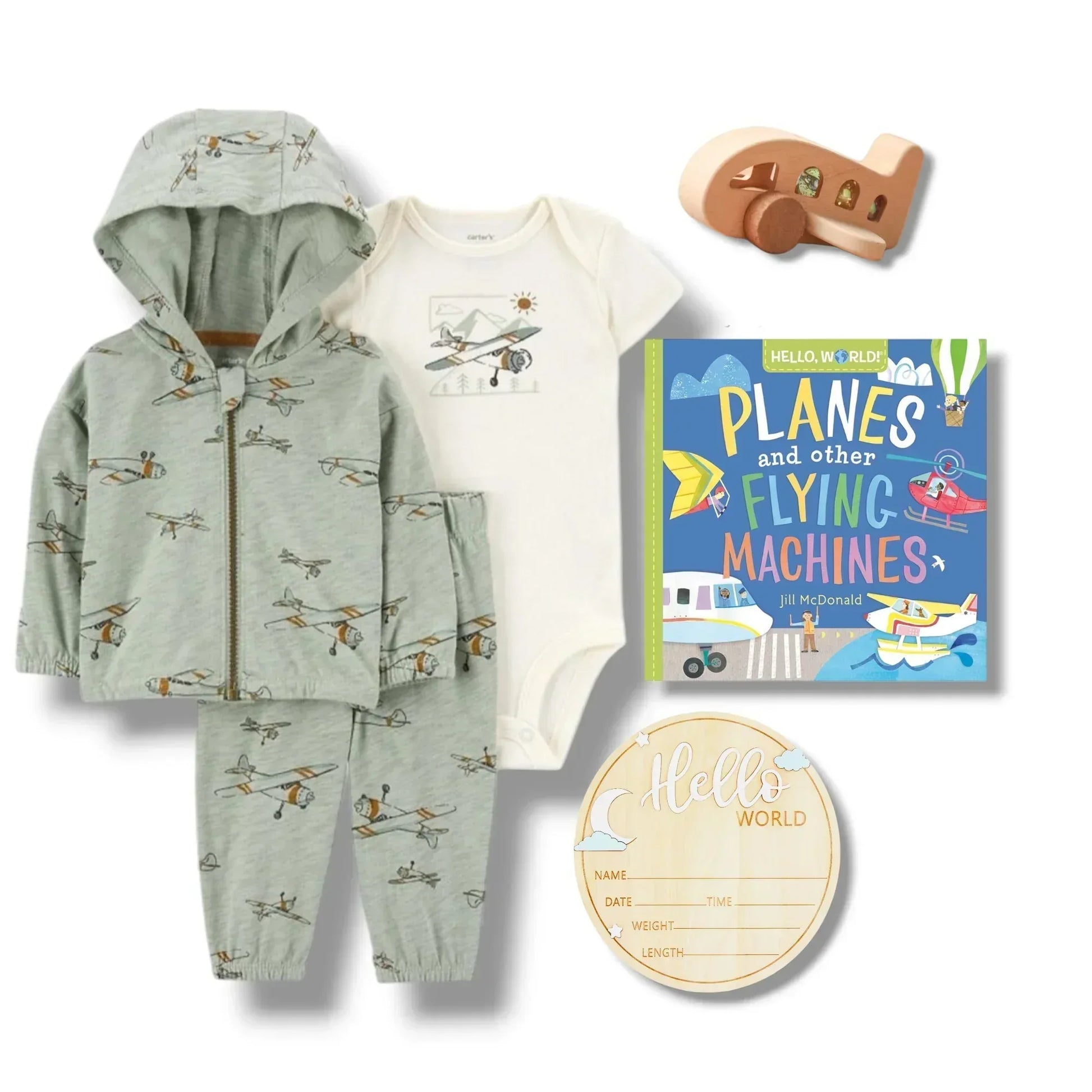Airplane Baby Gift Set Newborn Boy 0-3M | Outfit, Rattle, Book - Hey Baby Box